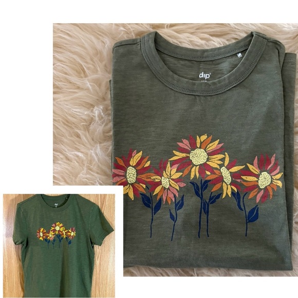 🌼 Olive Green Sunflowers Print Basic Crew Tee Top - Picture 1 of 5